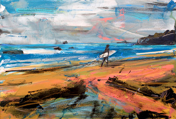 Christian Nicolson nz contemporary artist, Hotwater Beach surfer, acrylic on canvas